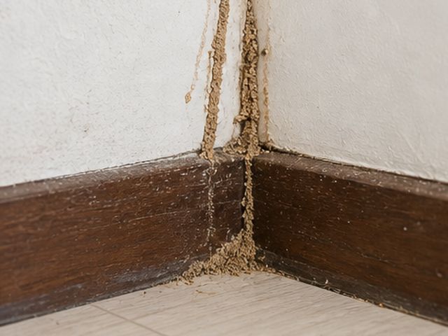 住家踢腳板與牆角出現泥狀白蟻蟻道條紋